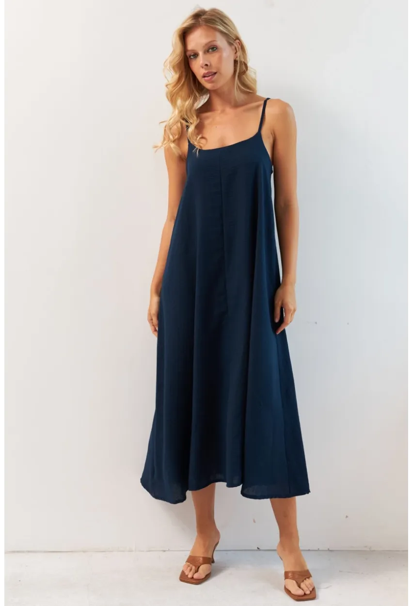 Kadın Lacivert Ayarlanabilir Askılı Midi Keten Elbise DMR355