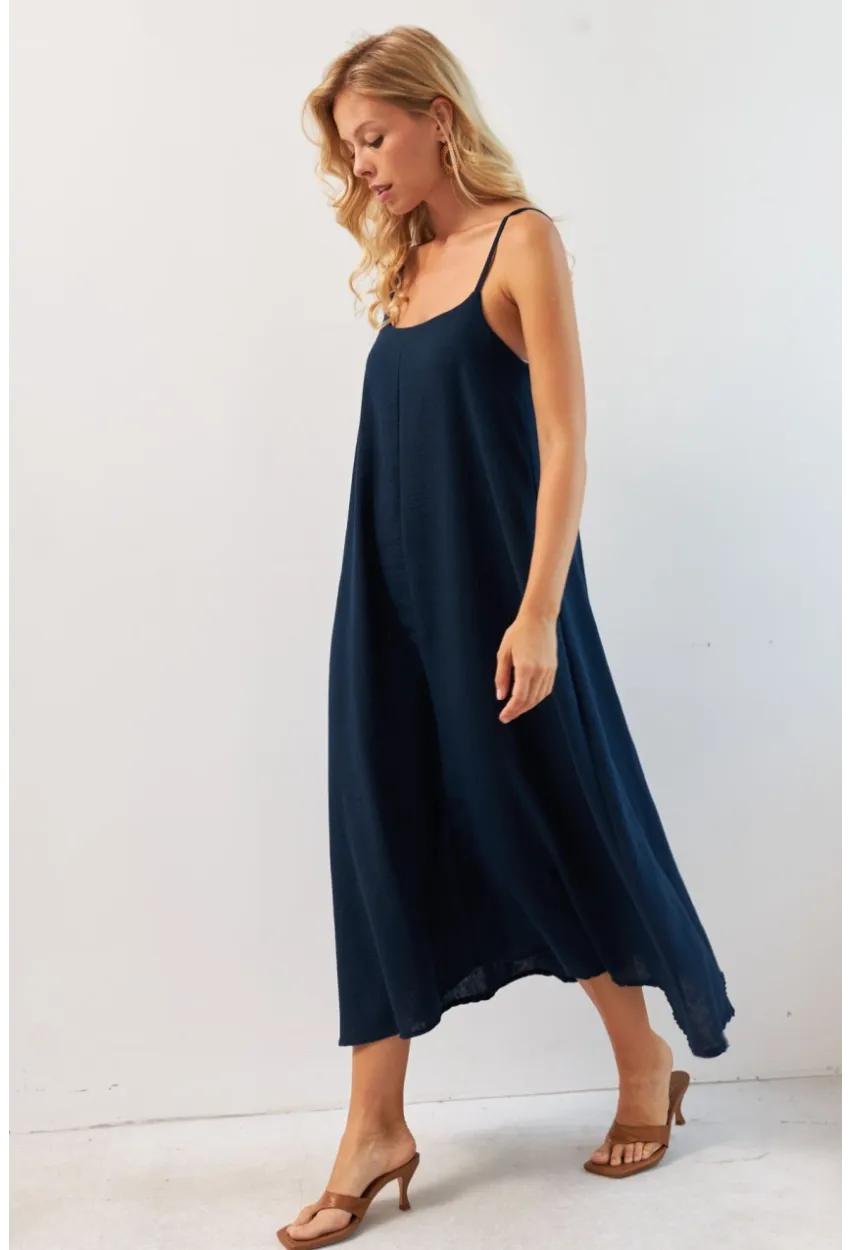 Kadın Lacivert Ayarlanabilir Askılı Midi Keten Elbise DMR355