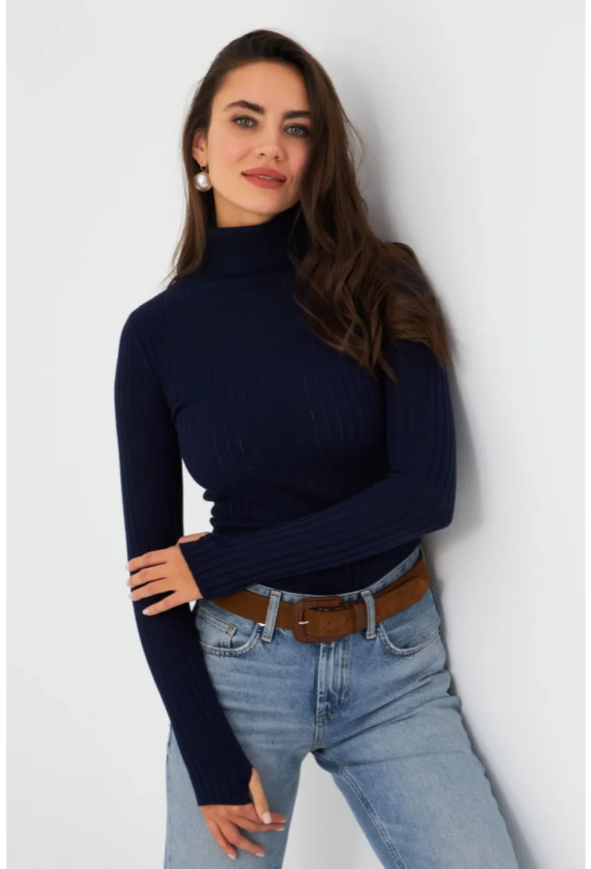 Kadın Lacivert Balıkçı Yaka Triko Bluz MYV102-90
