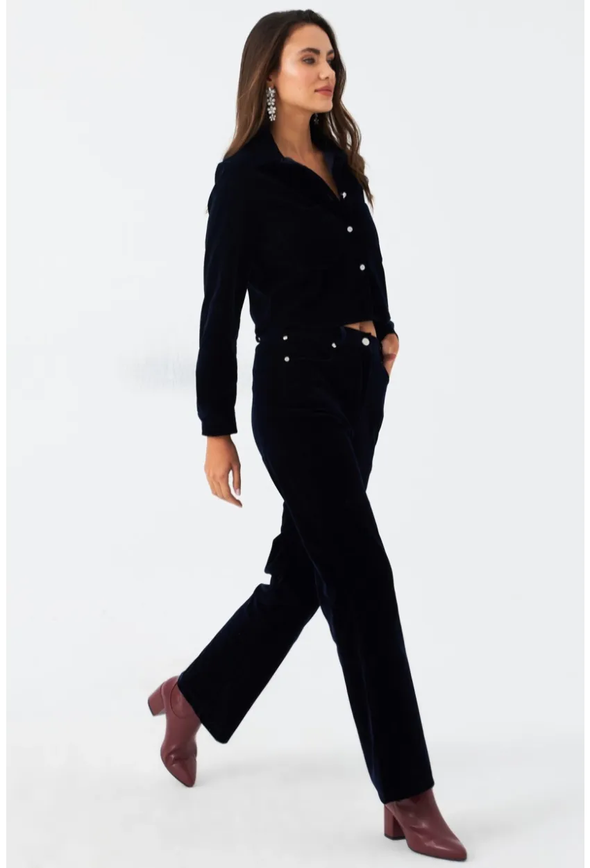 Kadın Lacivert Beli Lastikli Kadife Pantolon CAR1076