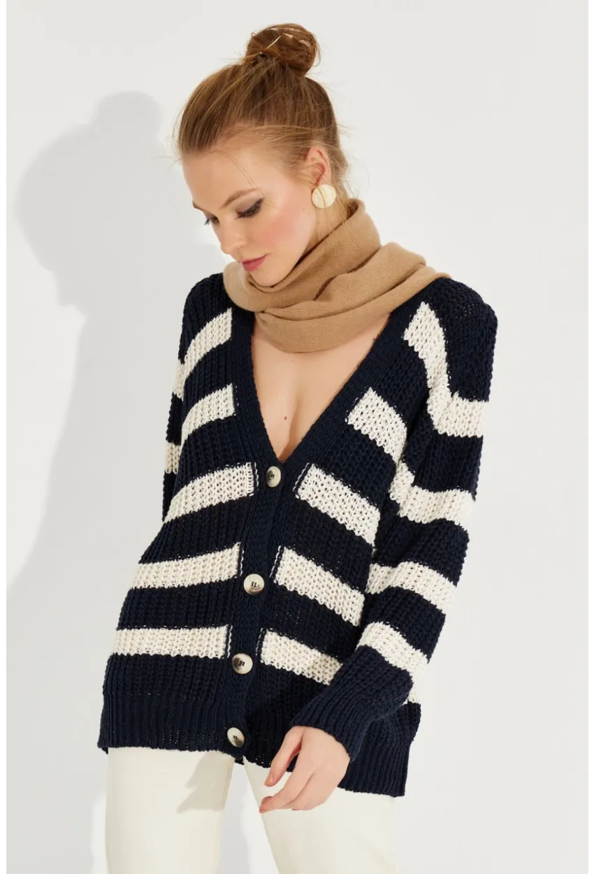 Kadın Lacivert Çizgili Salaş Hırka MİW8061