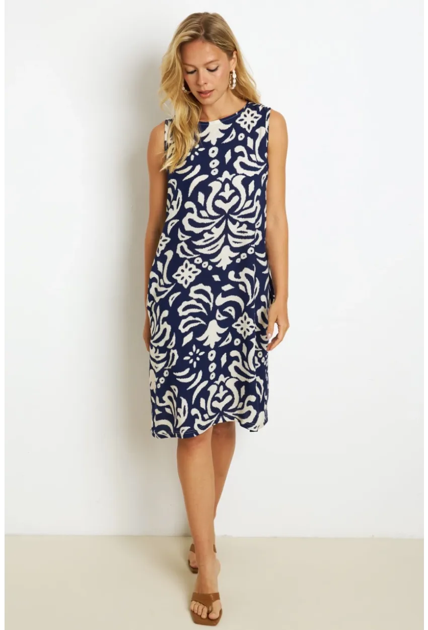 Kadın Lacivert Desenli Cepli Midi Elbise YZ1059