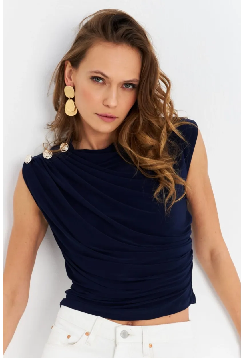 Kadın Lacivert Düğme Detaylı Büzgülü Bluz LPP1205-1