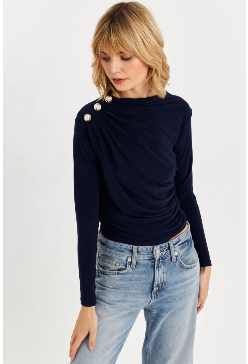 Kadın Lacivert Düğme Detaylı Büzgülü Bluz LPP1223-1
