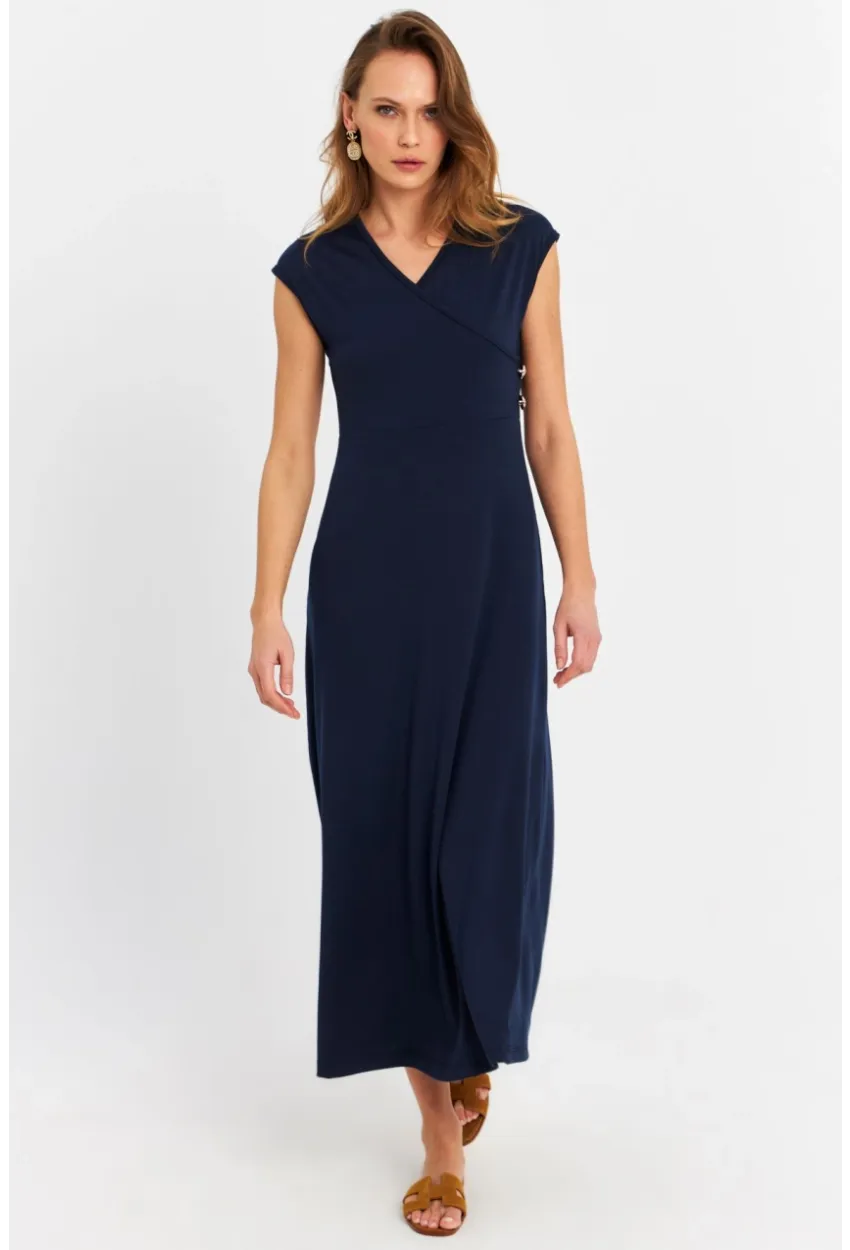 Kadın Lacivert Düğme Detaylı Kruvaze Midi Elbise MEY0011