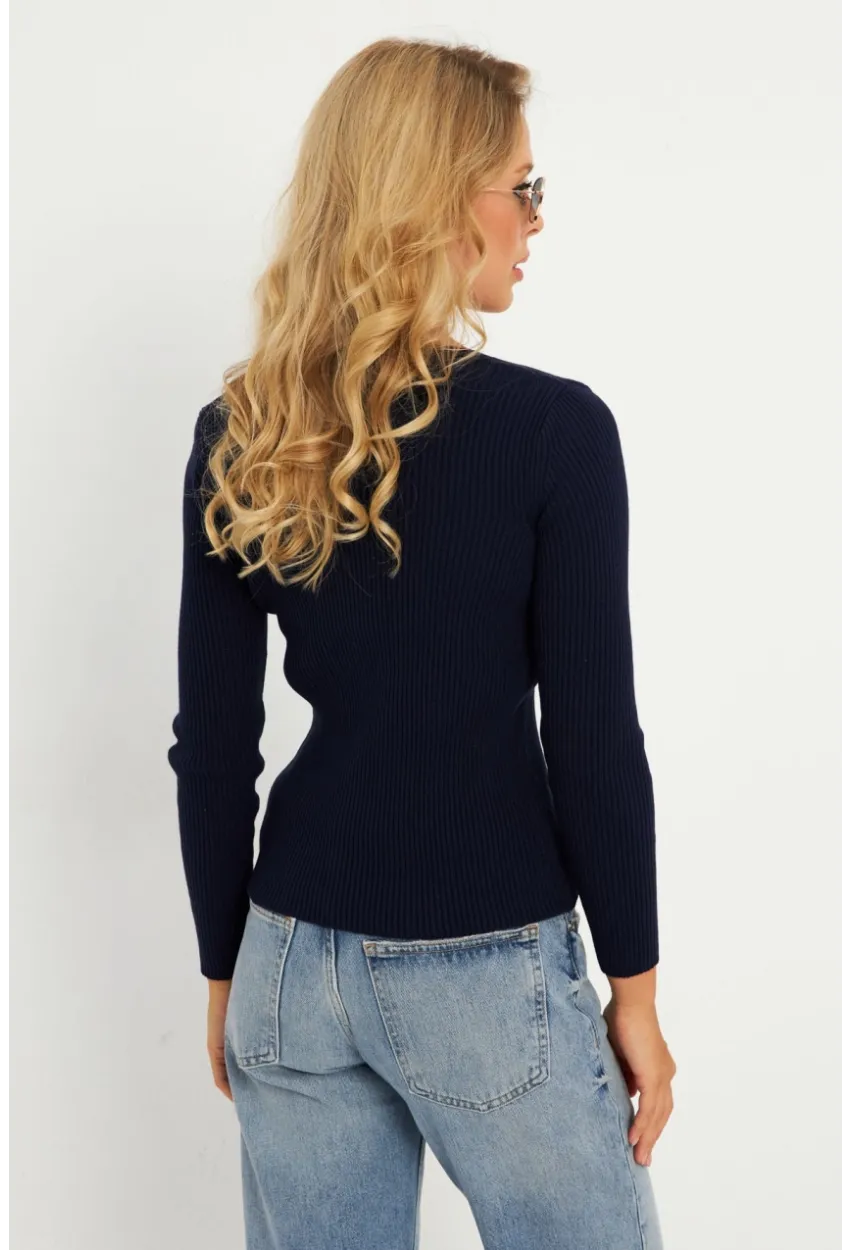 Kadın Lacivert Düğmeli Triko Hırka YV94