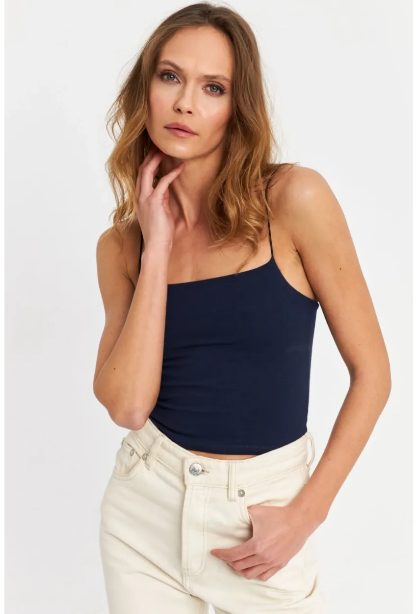 Kadın Lacivert İp Askılı Crop Bluz EV63