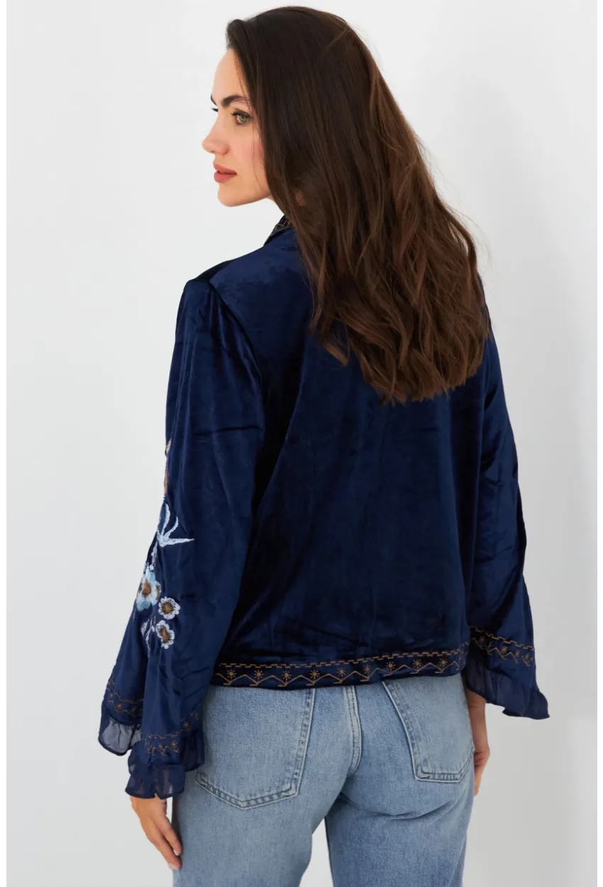 Kadın Lacivert İspanyol Kol Nakışlı Kadife Ceket QS5577