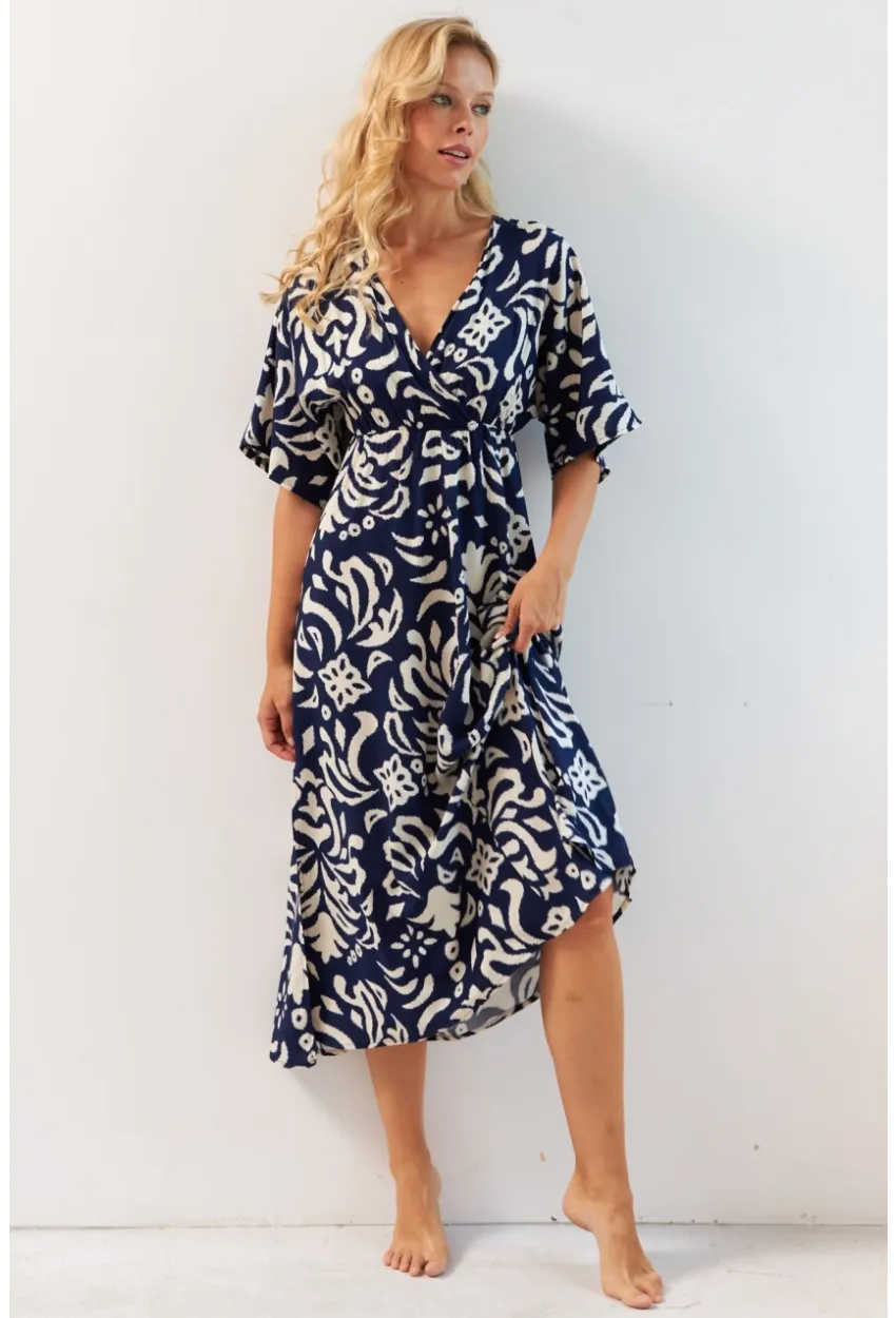Kadın Lacivert Kruvaze Desenli Midi Elbise YZ1152