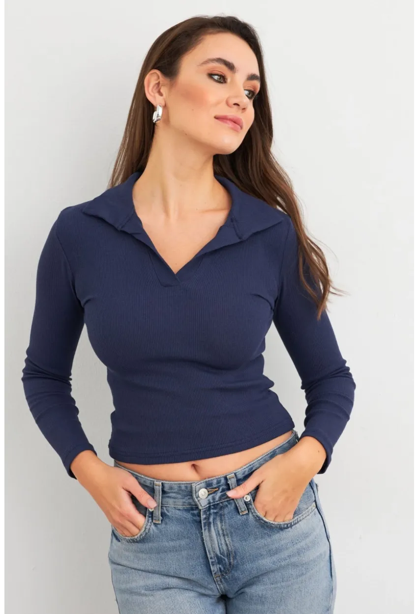 Kadın Lacivert Polo Yaka Kaşkorse Bluz LON3006