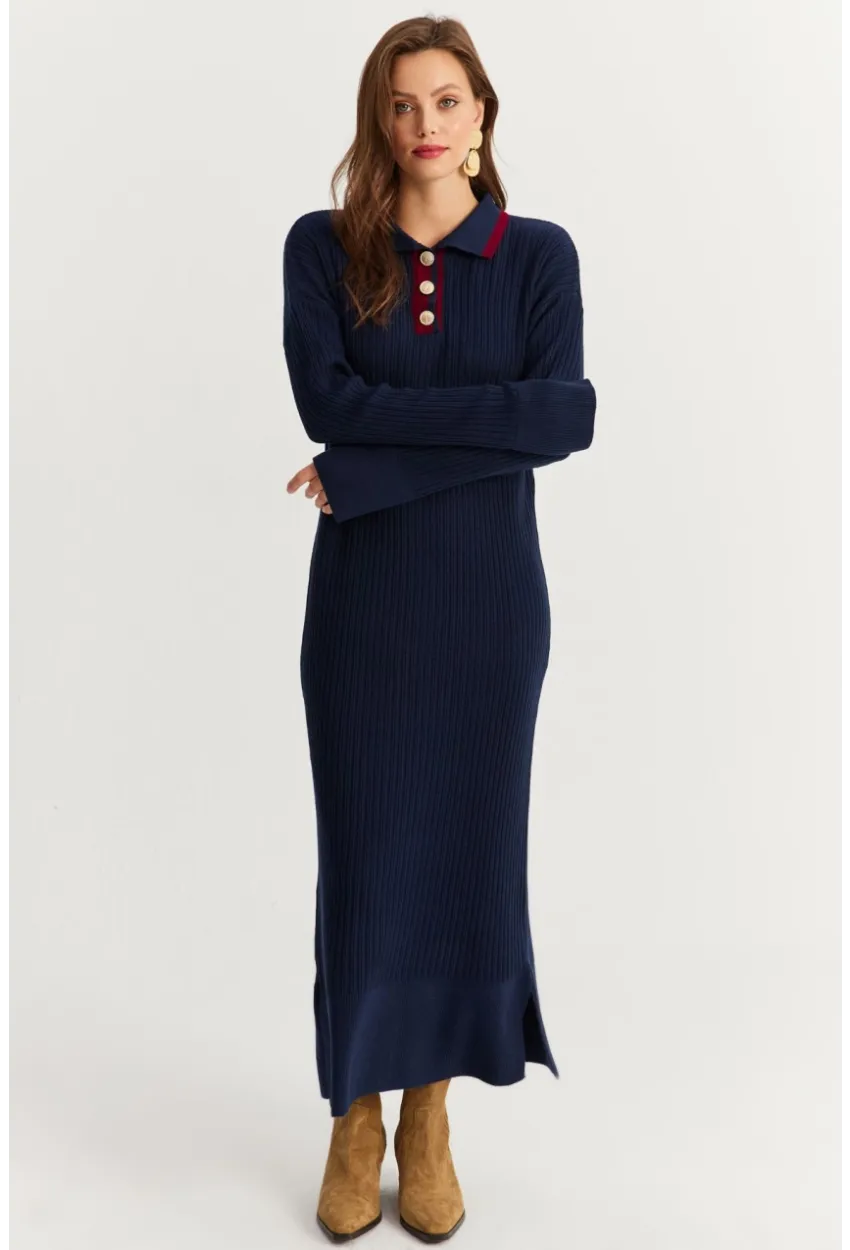 Kadın Lacivert Polo Yaka Triko Maxi Elbise MNUV17