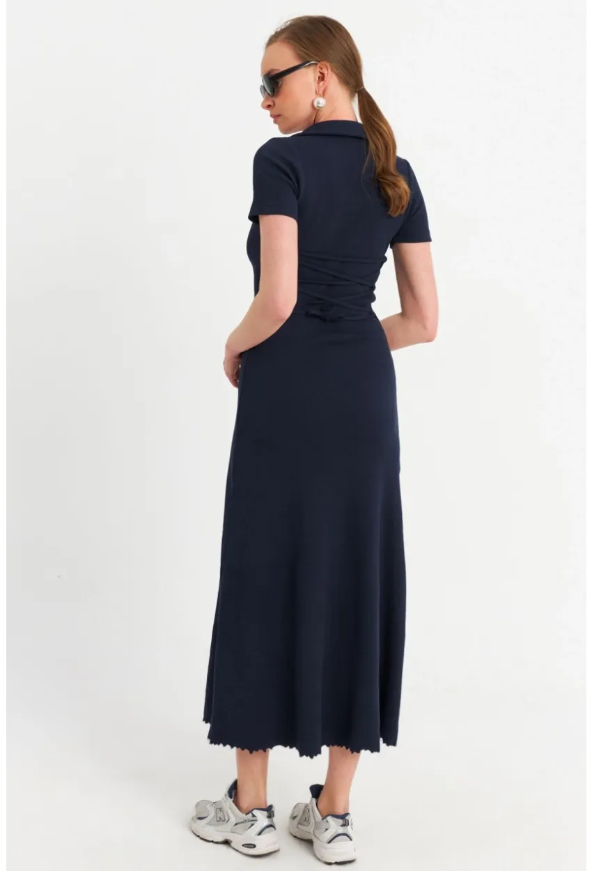 Kadın Lacivert Sırt Bağlamalı Kaşkorse Midi Elbise MFRY0001