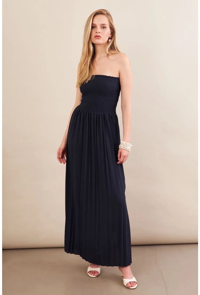 Kadın Lacivert Straplez Yaka Midi Elbise MSİ100