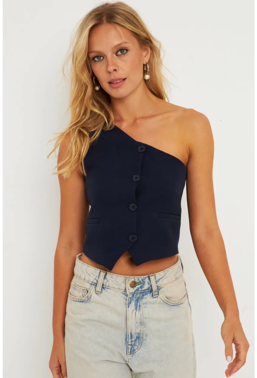 Kadın Lacivert Tek Omuz Astarlı Yelek TW60140