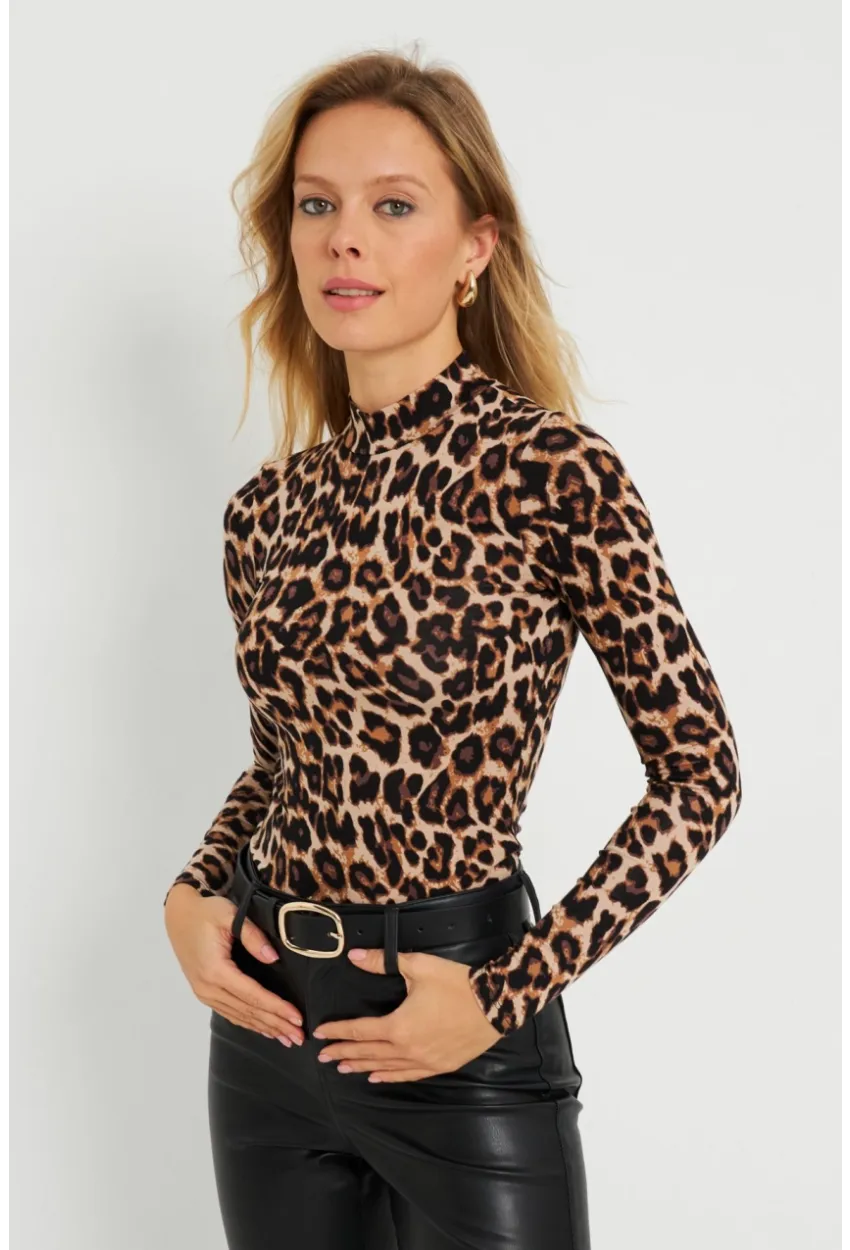 Kadın Leopar Desenli Bluz Camel-Siyah AYD288