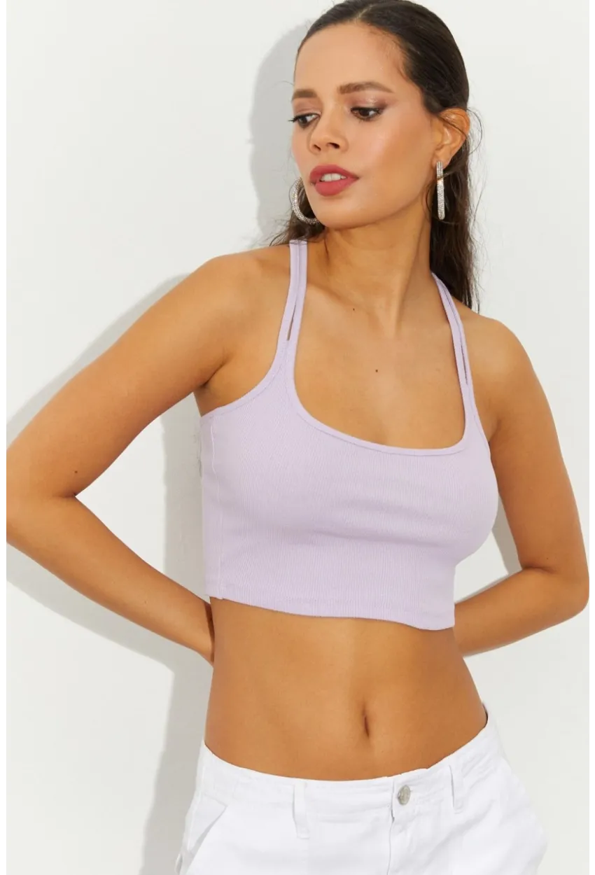 Kadın Lila Sırtı Halkalı Kaşkorse Crop Bluz B2552