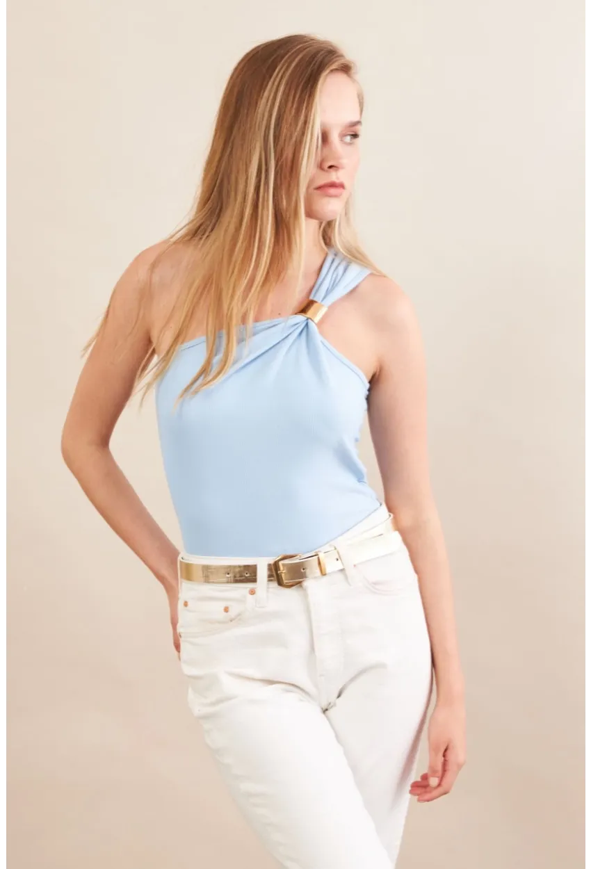 Kadın Mavi Asimetrik Aksesuarlı Bluz FRY2311