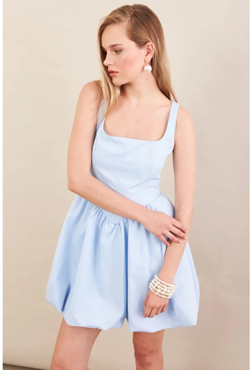 Kadın Mavi Askılı Mini Balon Elbise ERL105