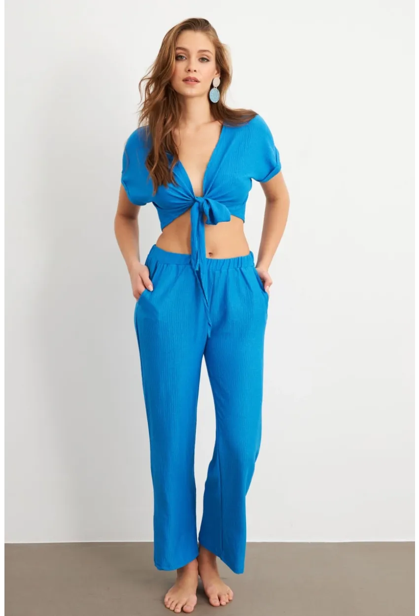 Kadın Mavi Bağlamalı Bürümcük Takım Q1012
