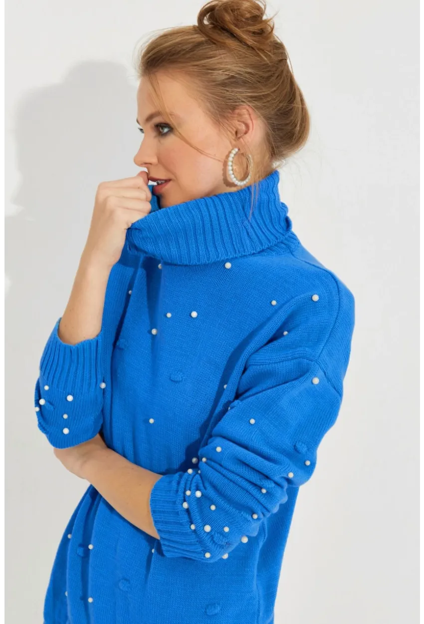 Kadın Mavi Balıkçı Yaka İncili Triko Kazak MSS129