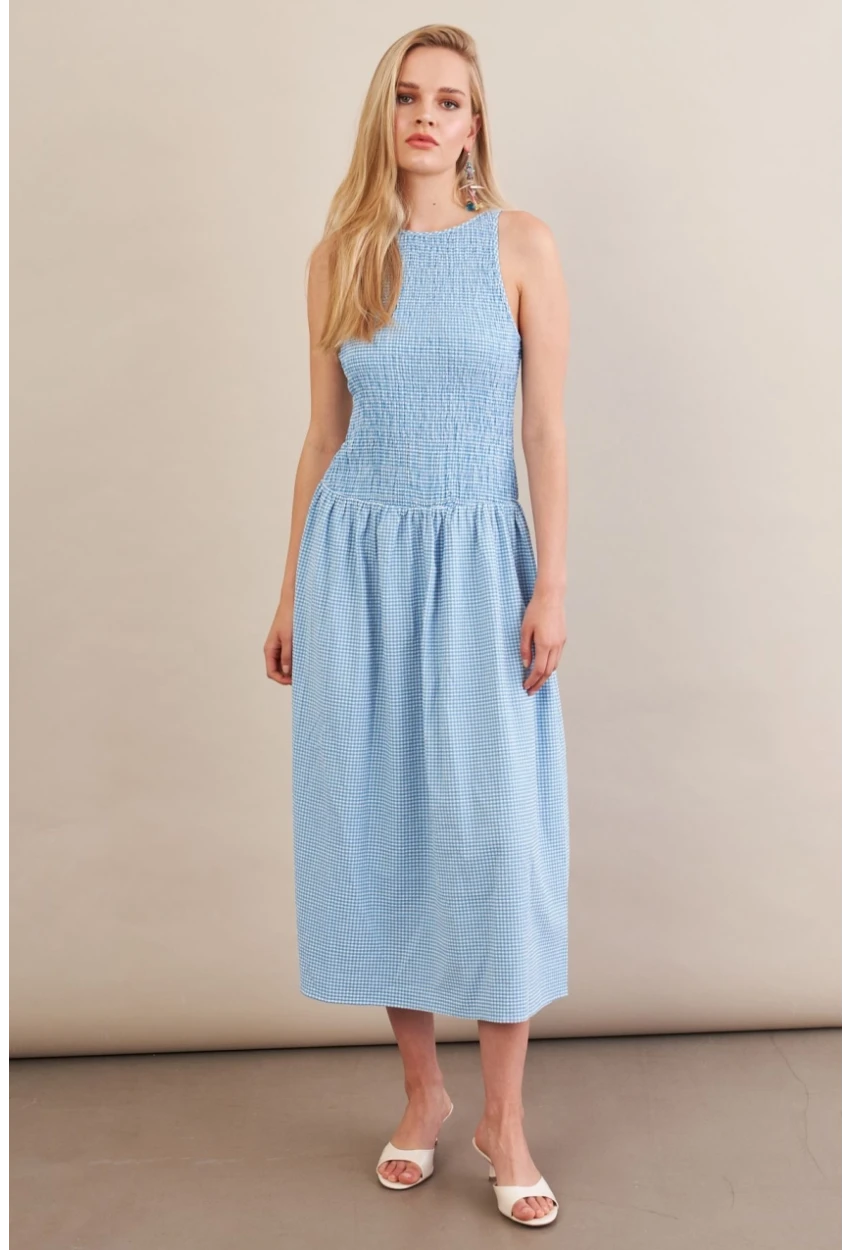 Kadın Mavi Beli Lastikli Gipeli Midi Elbise ZH130