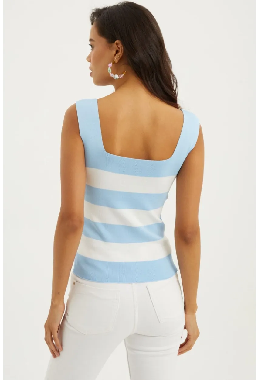 Kadın Mavı-Beyaz Kare Yaka Triko Bluz YV80