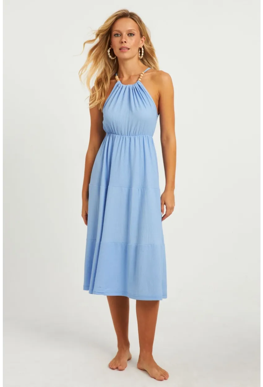 Kadın Mavi Boncuk Detaylı Bürümcük Midi Elbise HO52