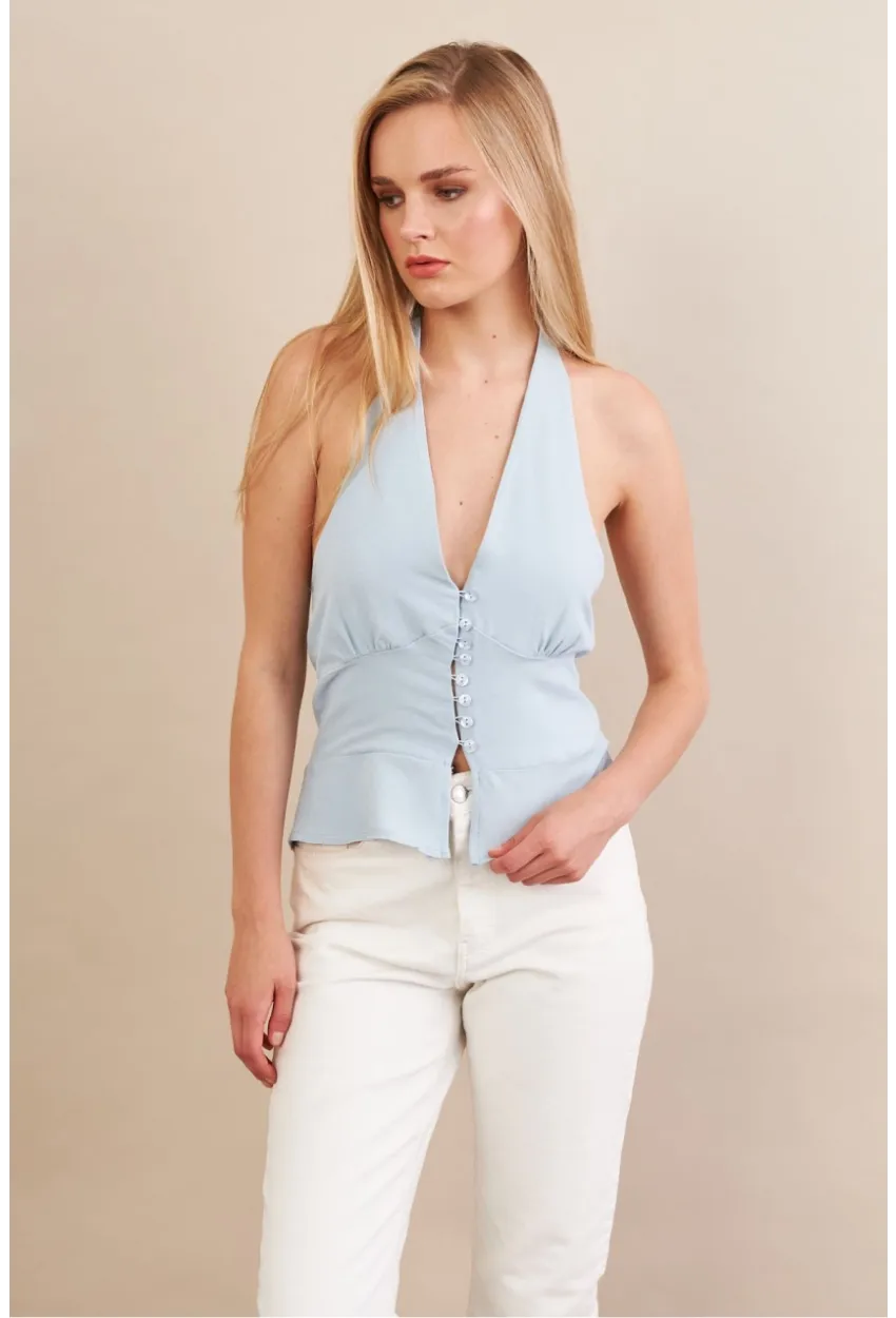 Kadın Mavi Boyun Bağlamalı Keten Yelek FS129
