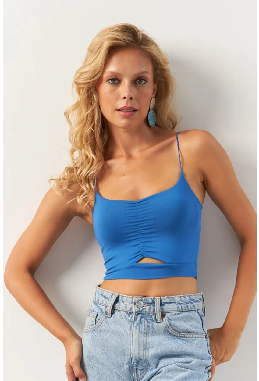 Kadın Mavi Büzgülü Crop Bluz MSH125