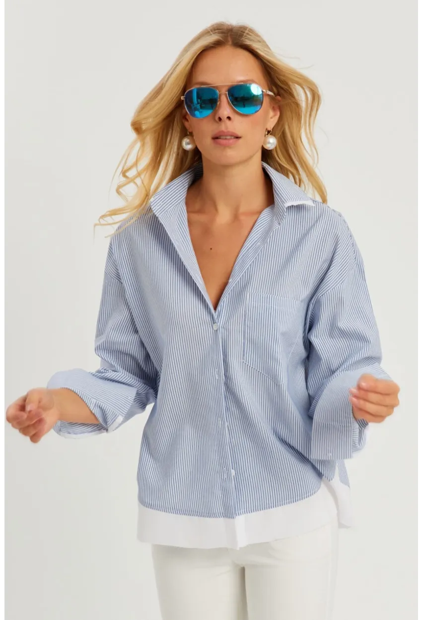 Kadın Mavi Çizgili Gömlek SF2551