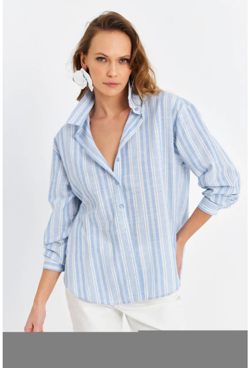 Kadın Mavi Çizgili Keten Gömlek ROP102