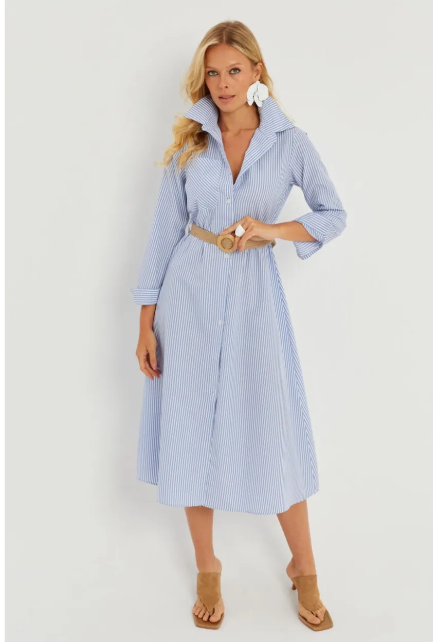 Kadın Mavi Çizgili Midi Gömlek Elbise PP5515