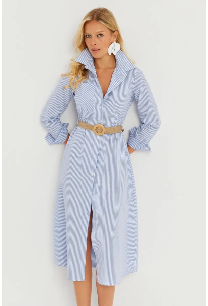 Kadın Mavi Çizgili Midi Gömlek Elbise PP5515