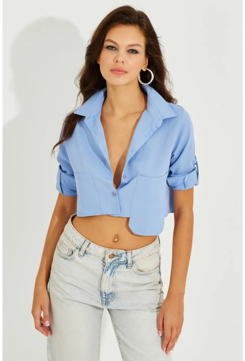 Kadın Mavi Crop Cepli Gömlek TD153