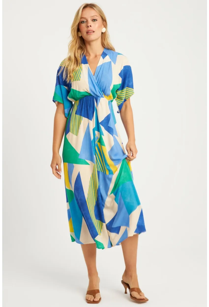 Kadın Mavi Desenli Kruvaze Midi Elbise HT108