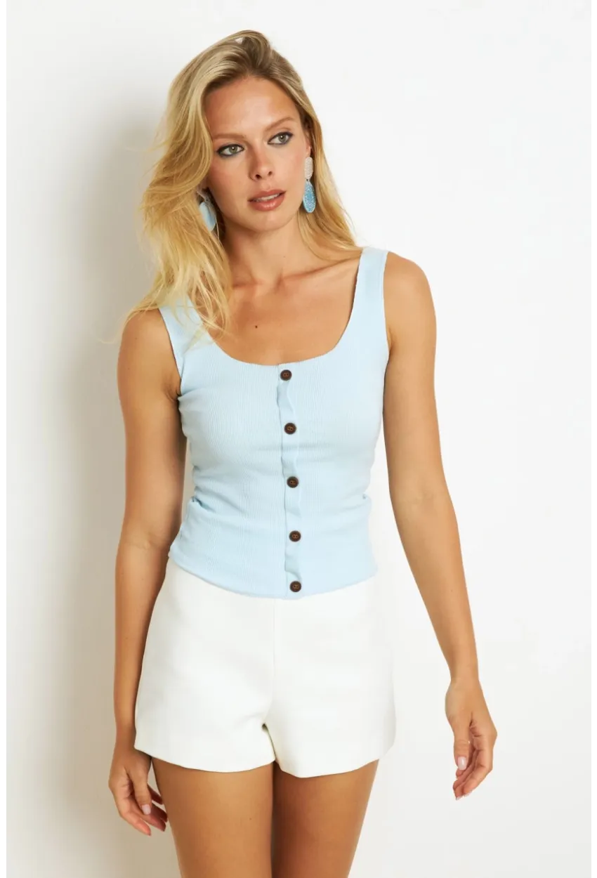 Kadın Mavi Düğme Aksesuarlı Bluz MK14