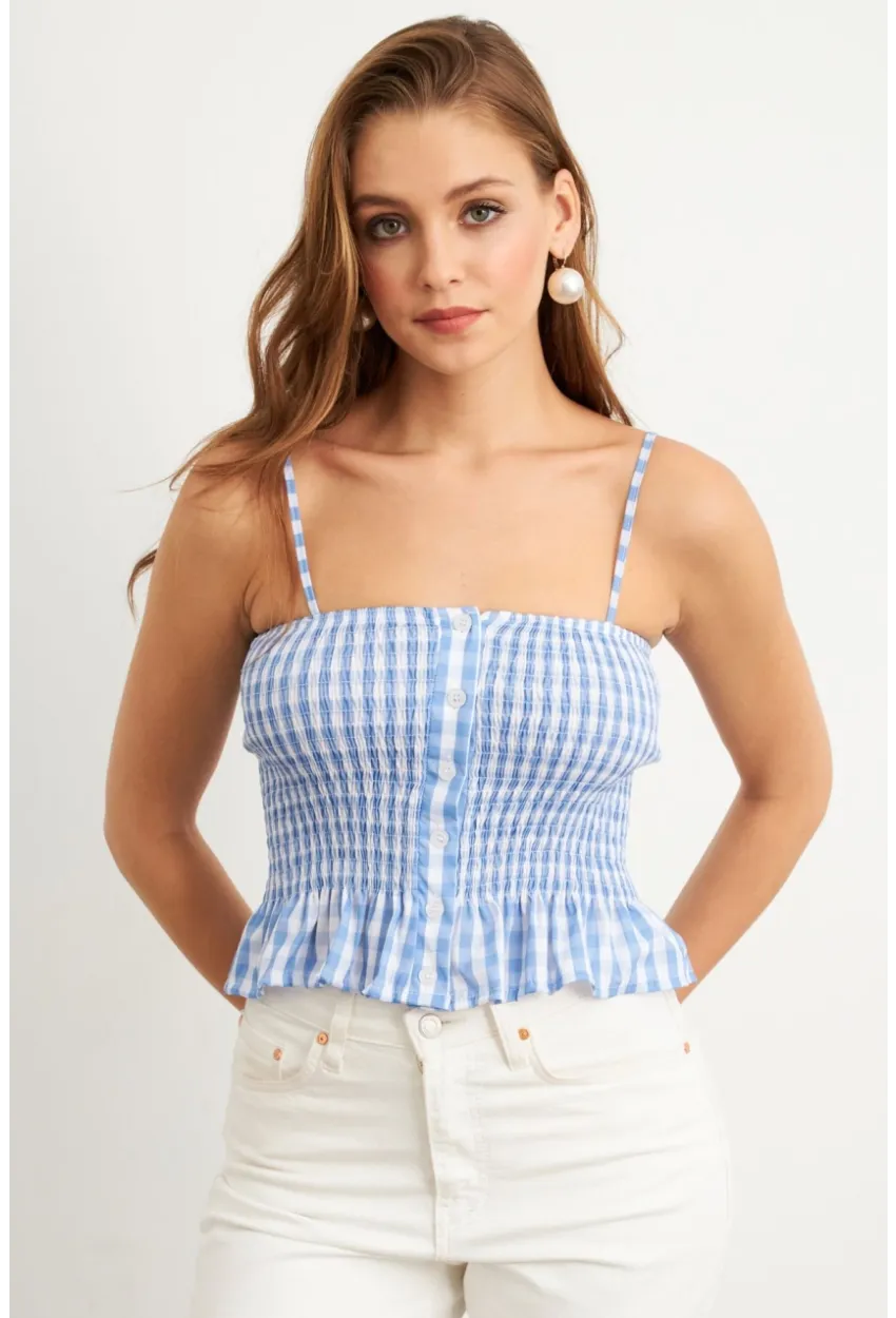 Kadın Mavi Ekose Lastikli Crop Bluz MTK13397