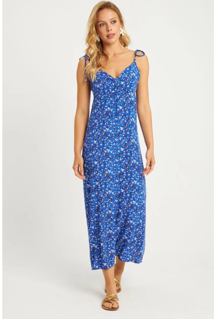 Kadın Mavi İp Askılı Çiçekli Midi Elbise GÇ172