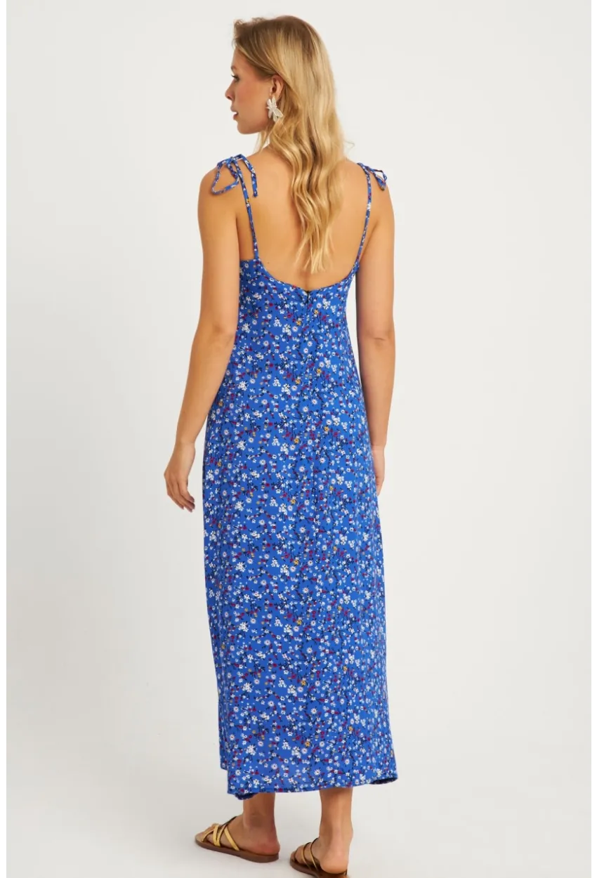 Kadın Mavi İp Askılı Çiçekli Midi Elbise GÇ172