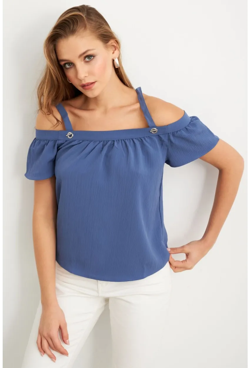 Kadın Mavi Kontrast Kollu Bürümcük Bluz RX452
