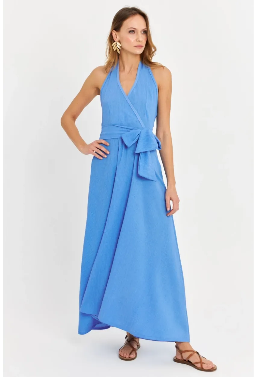 Kadın Mavi Kruvaze Bürümcük Maxi Elbise EY3053