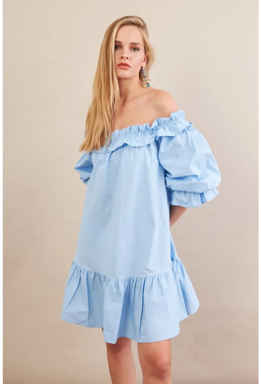 Kadın Mavi Madonna Yaka Midi Elbise PSG1012