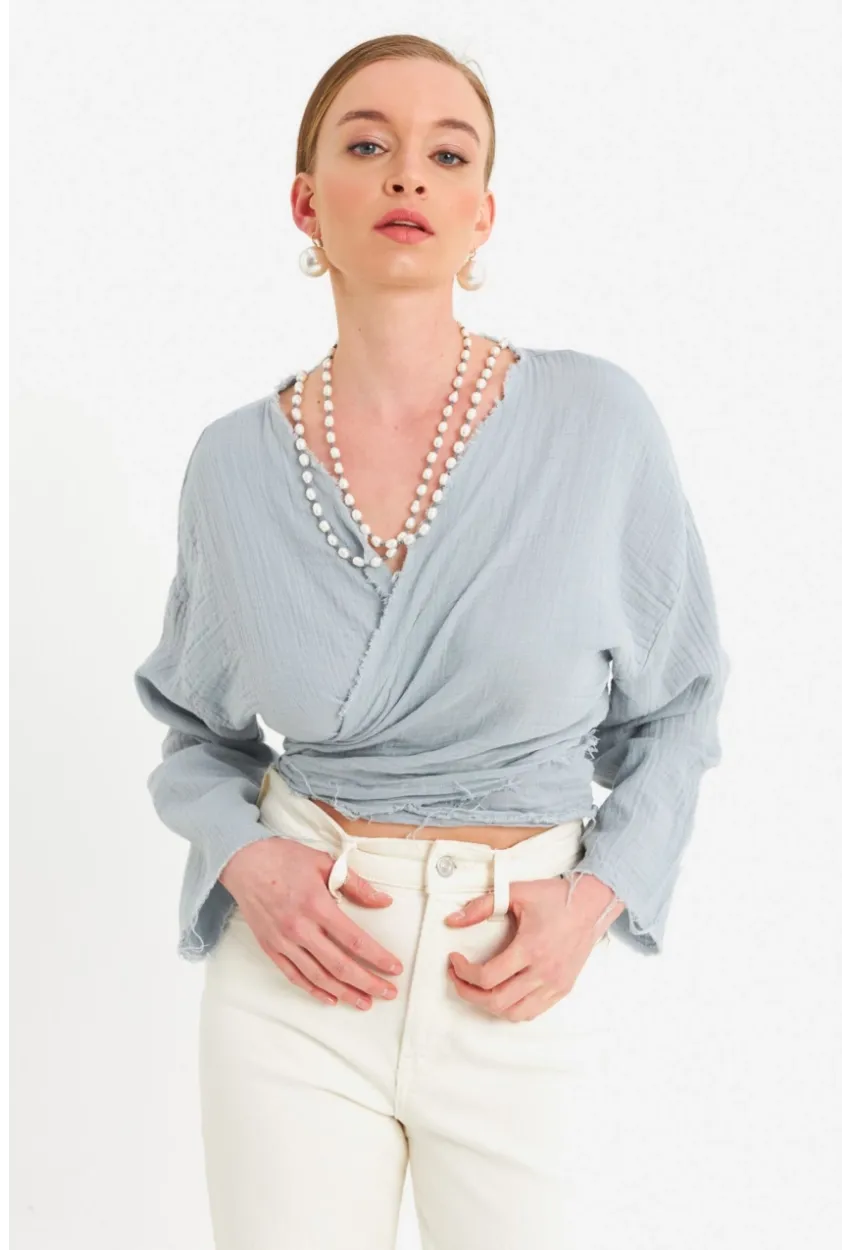 Kadın Mavi Müslin Crop Bluz PC20700