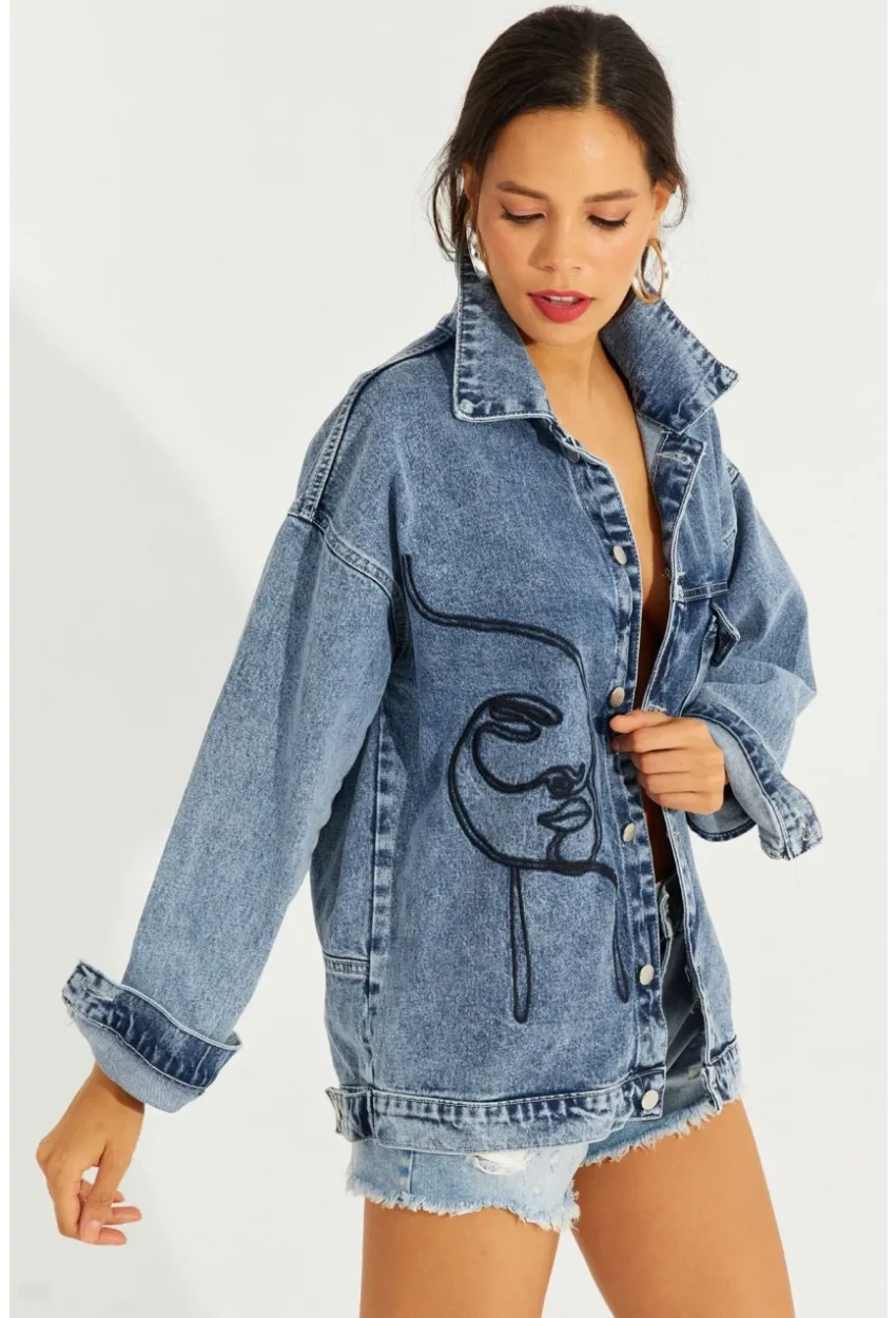 Kadın Mavi Nakışlı Kot Ceket İS801