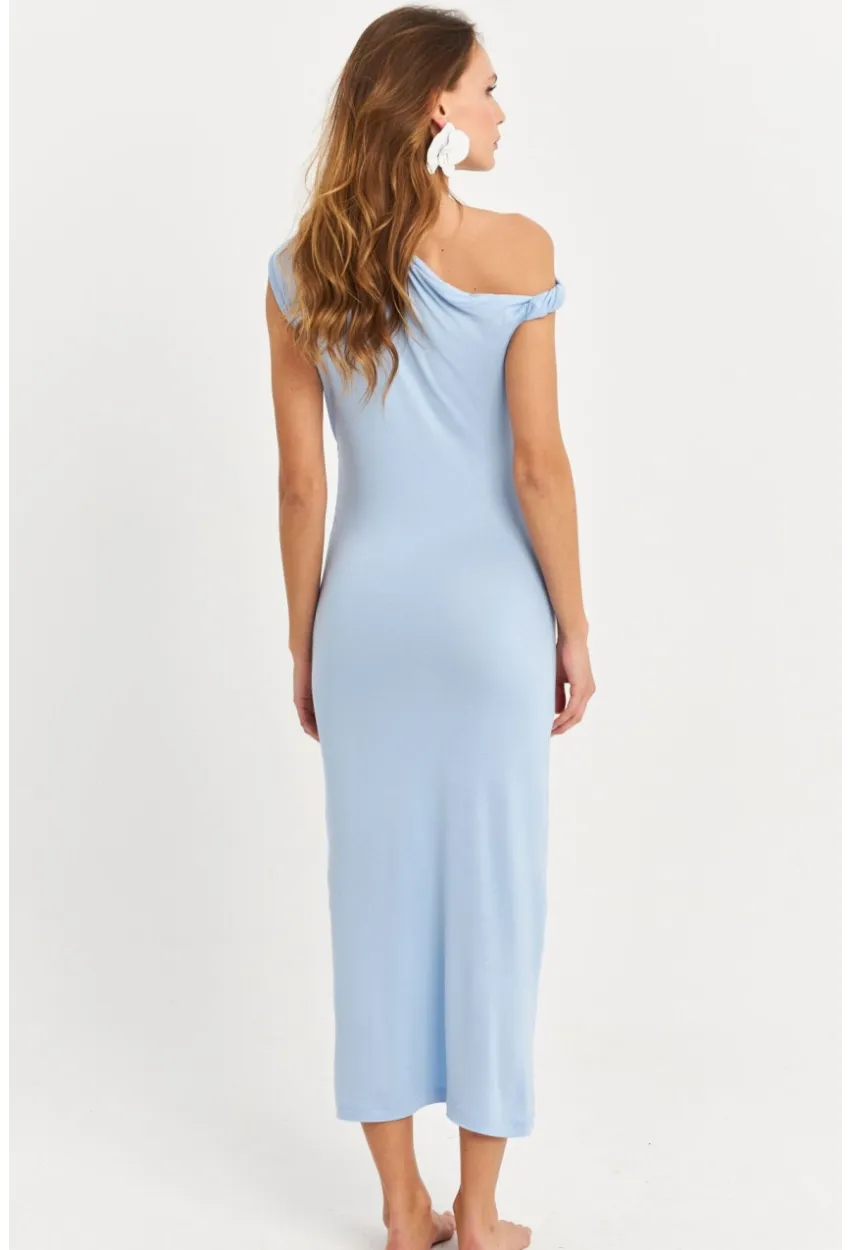 Kadın Mavi Omuz Düğümlü Degaje Midi Elbise EY3054