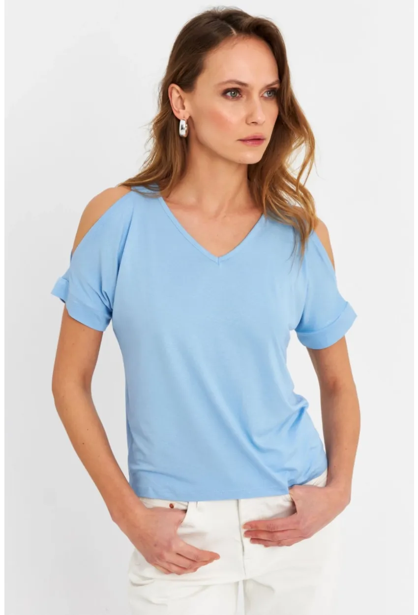 Kadın Mavi Omuzları Açık Bluz BR1329