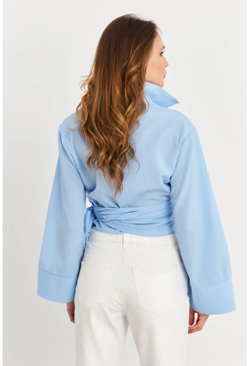 Kadın Mavi Önü Bağlamalı İspanyol Kol Gömlek MON142