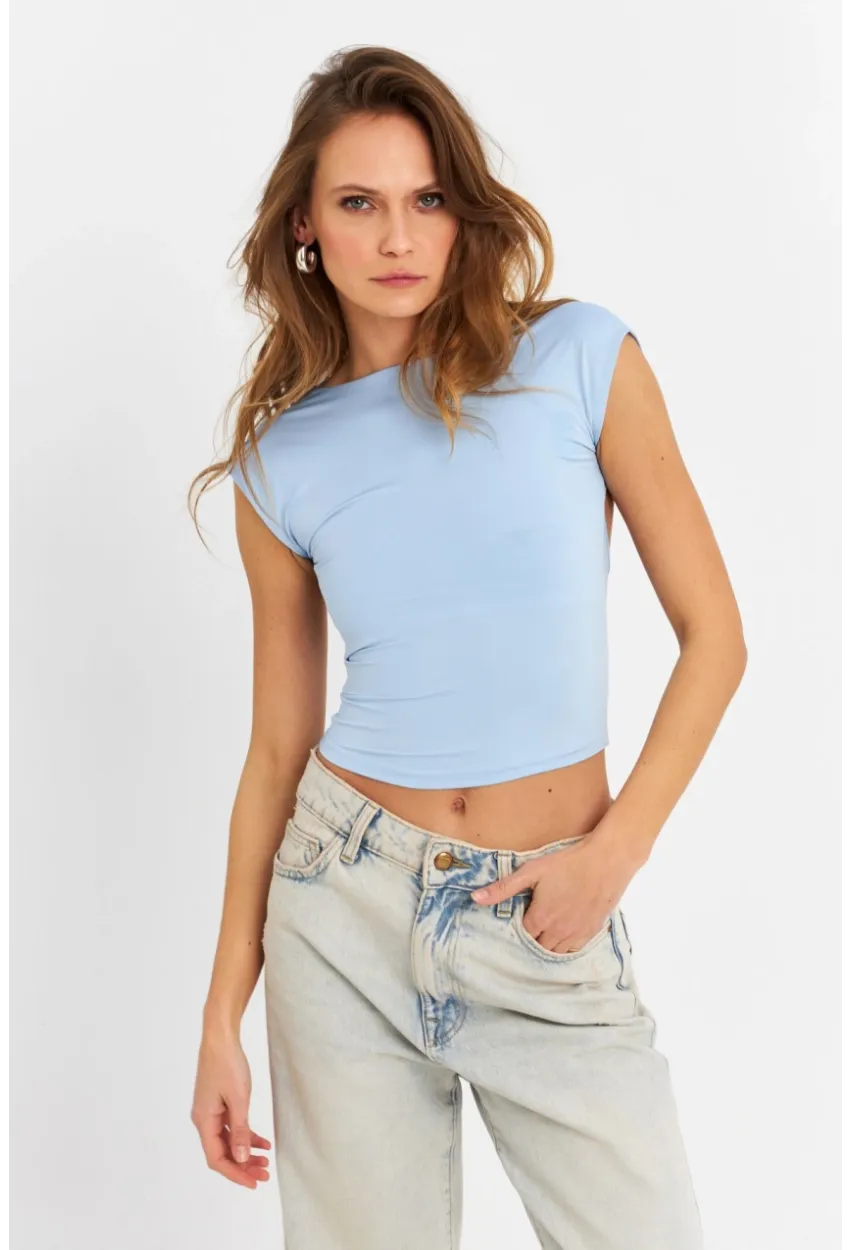 Kadın Mavi Sırtı Açık Crop Bluz ZH083