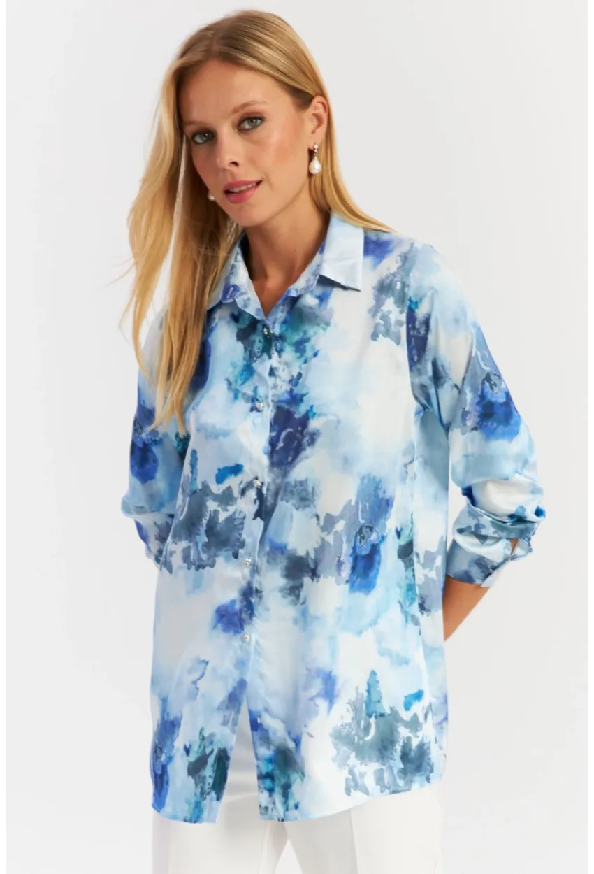 Kadın Mavi Taş Düğmeli Desenli Gömlek MLVF9