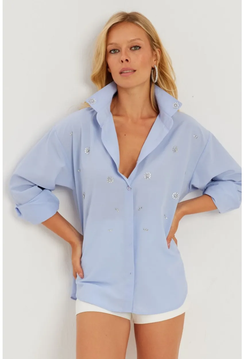 Kadın Mavi Taşlı Gömlek SF2550